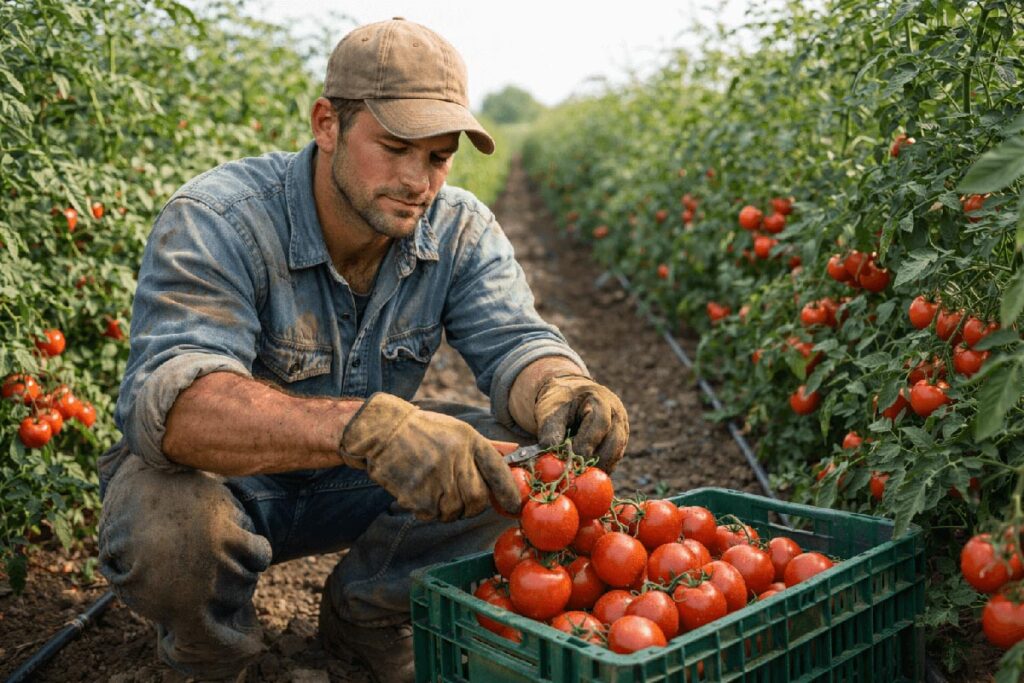 Norman Harris harvesting tomatoes in the field