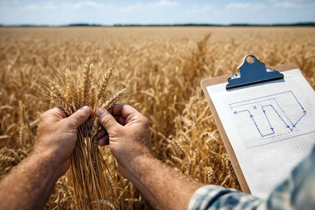 hands checking wheat heads during field walk