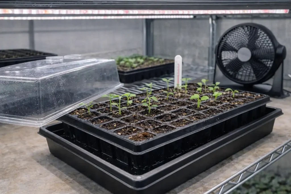 seedling tray with dome removed and small fan nearby