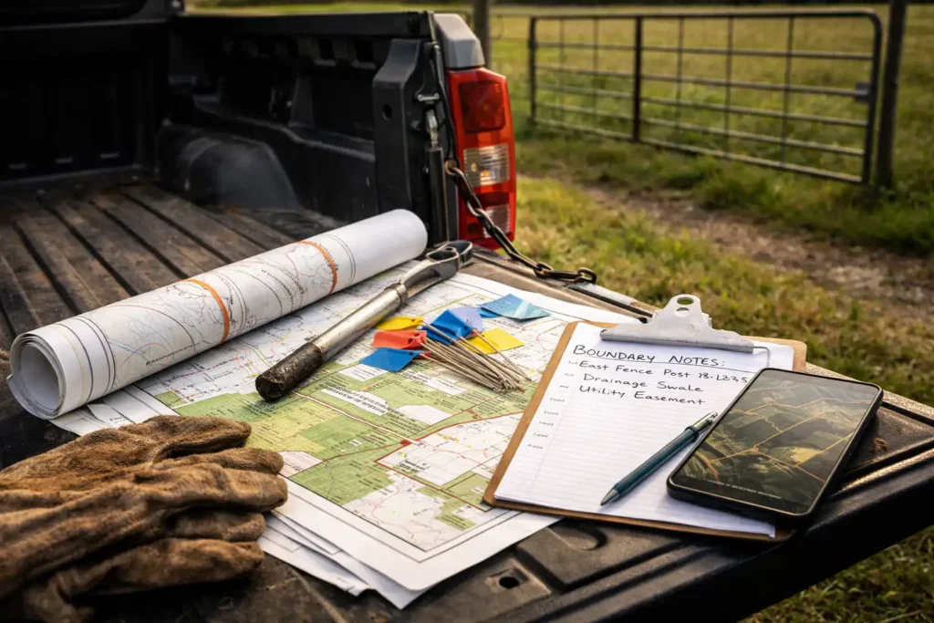 survey map tools on tailgate for planning