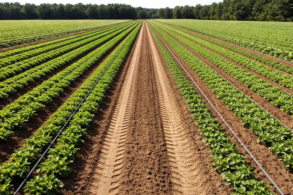 aerial view of bedded field showing consistent spacing and tracks