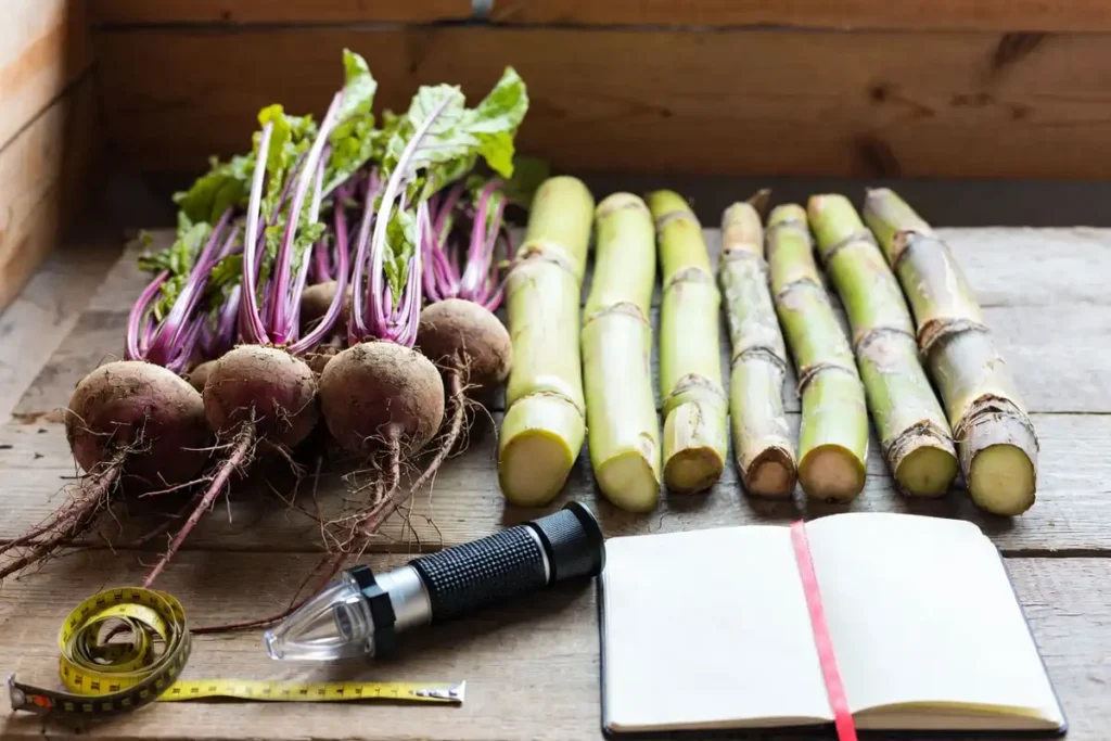 sugar beet roots and cane stalks with refractometer on a table