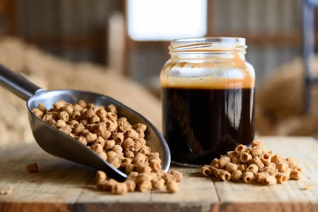 beet pulp pellets and molasses jar on table