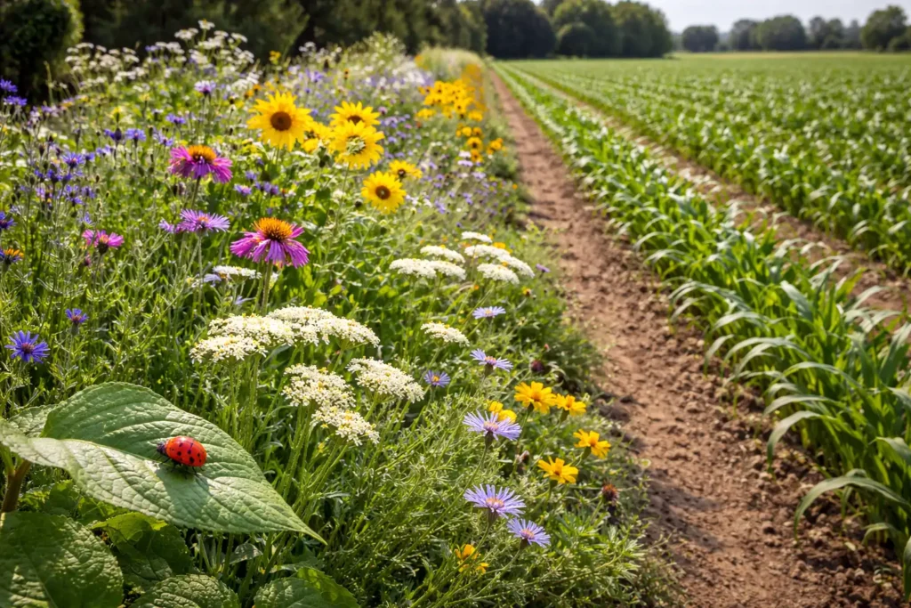 flowering strip beside crop field with lady beetle