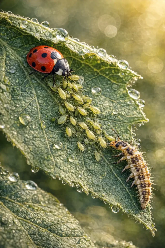 lady beetle and lacewing hunting aphids naturally