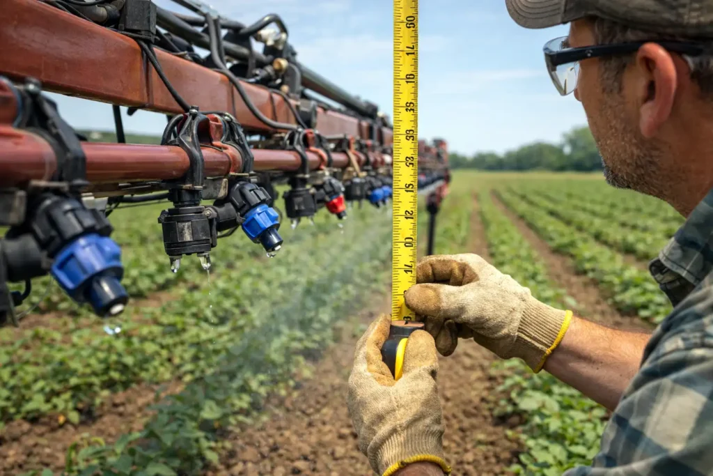 farmer checking sprayer nozzles and boom height in field