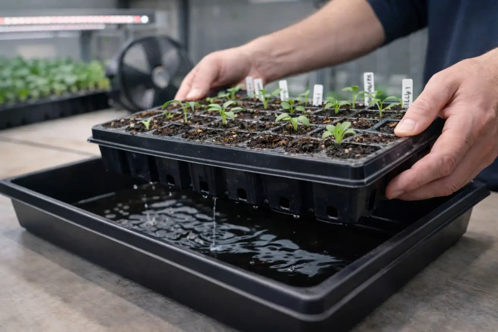hands lifting seedling tray after bottom watering