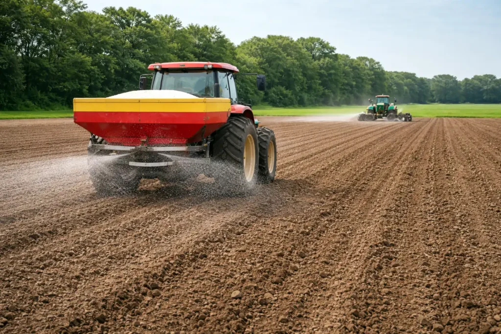 fertilizer broadcast followed by light incorporation