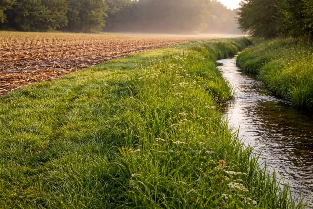grass buffer strip reducing runoff from a field edge