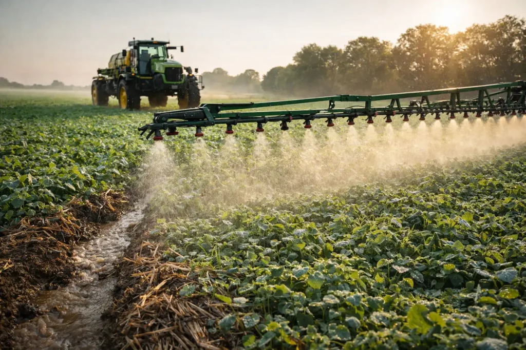 sprayer applying burndown over a cover crop