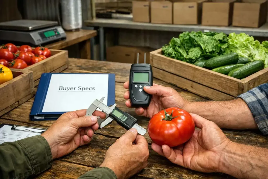 inspecting produce quality with a buyer checklist