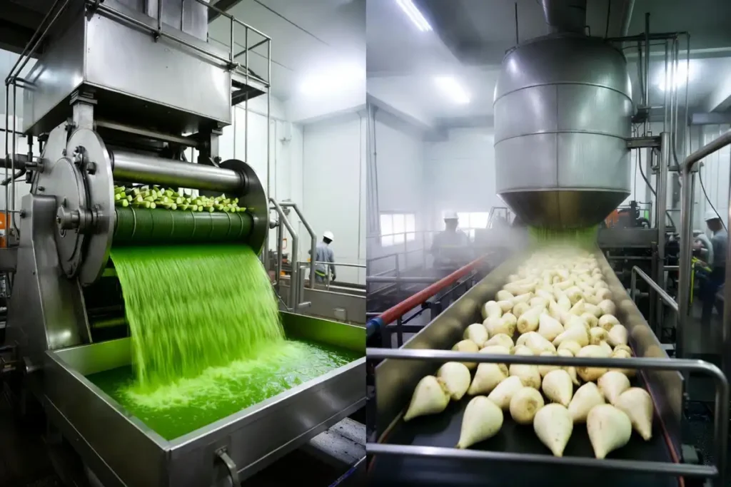 cane rollers crushing stalks and beet cossettes feeding a diffuser