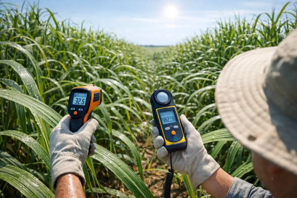 field check with handheld thermometer over sugarcane canopy