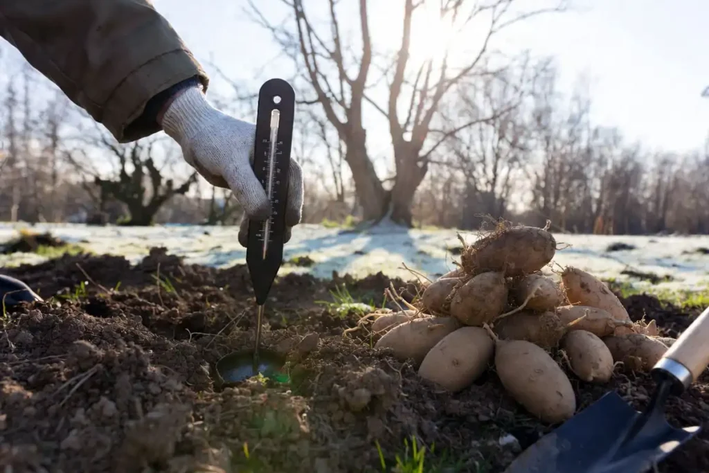 soil thermometer beside seed potatoes in early spring garden