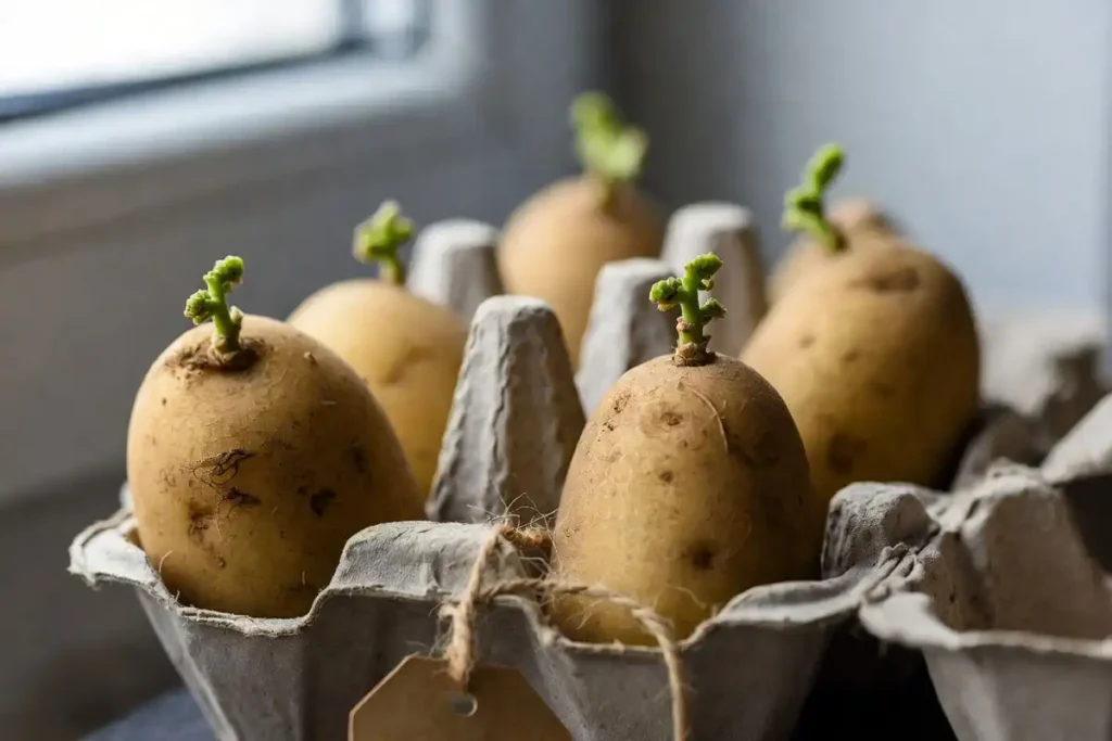 seed potatoes sprouting in egg cartons on a windowsill