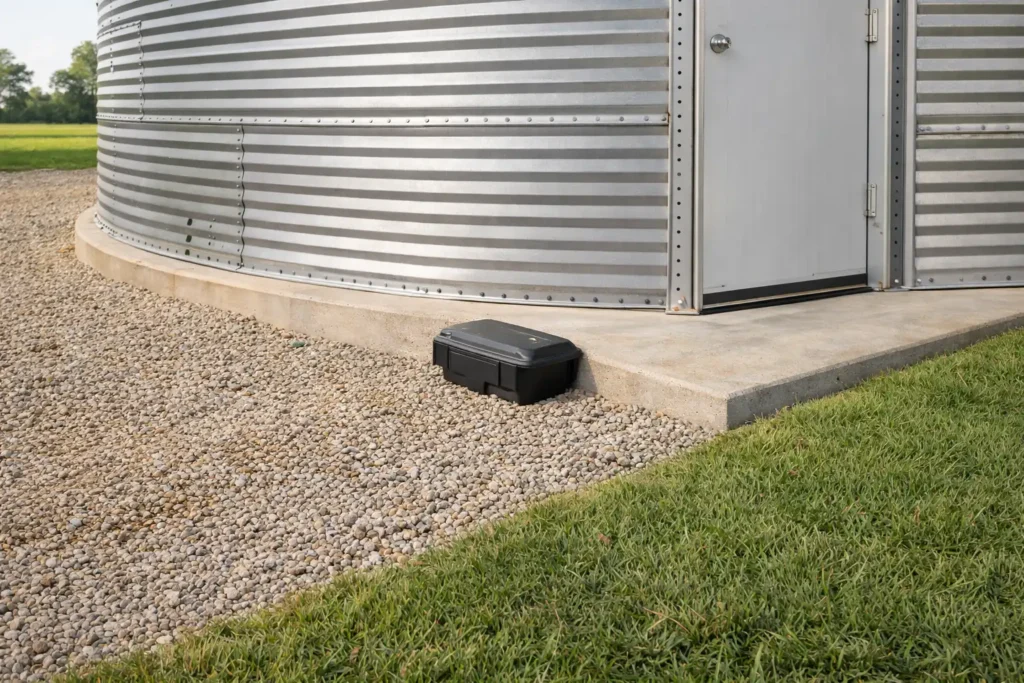 clean storage area with sealed gaps and mowed perimeter