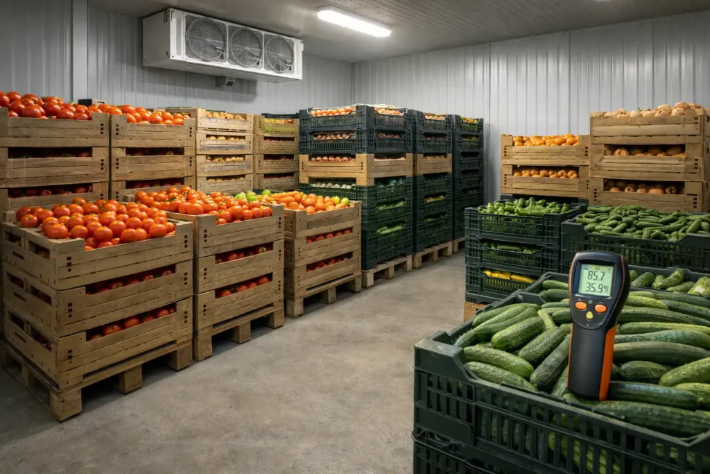 produce pallets spaced for airflow in cold storage room