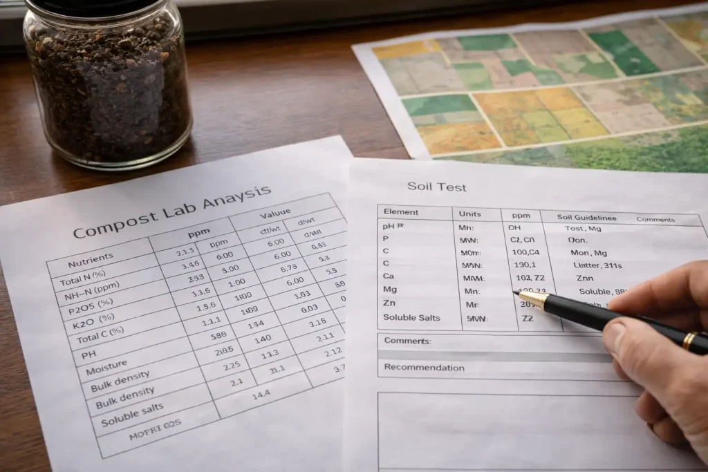 compost and soil test paperwork on desk