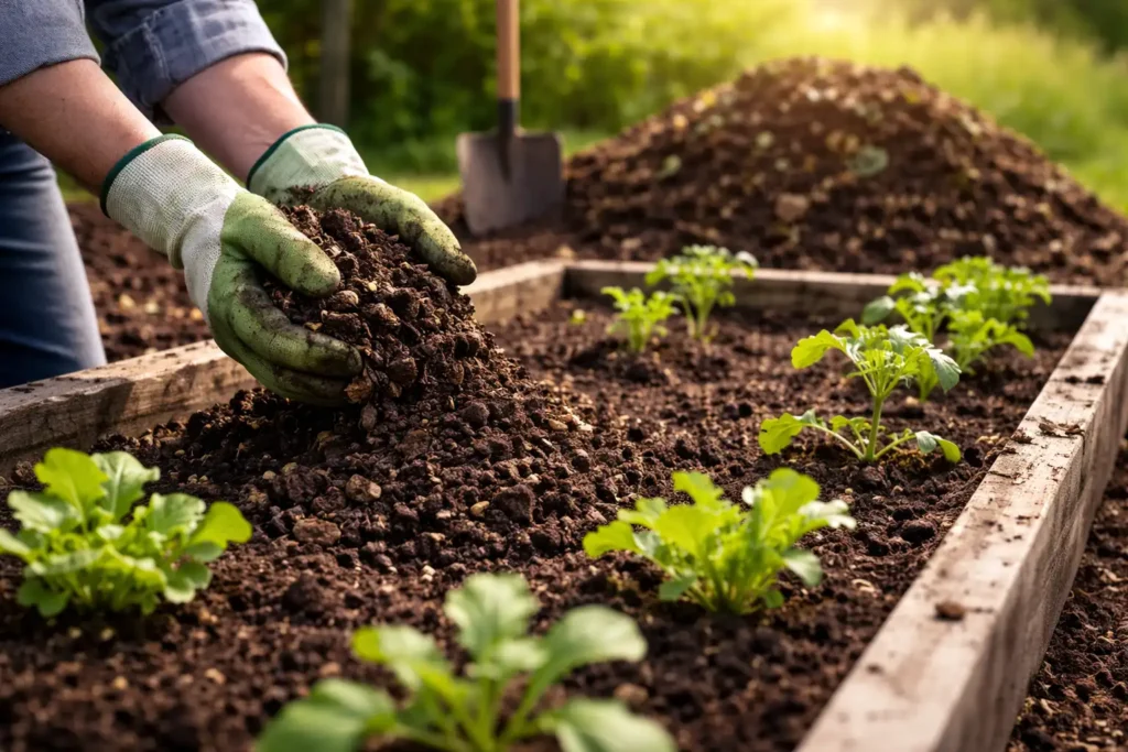 finished compost being spread on a garden bed