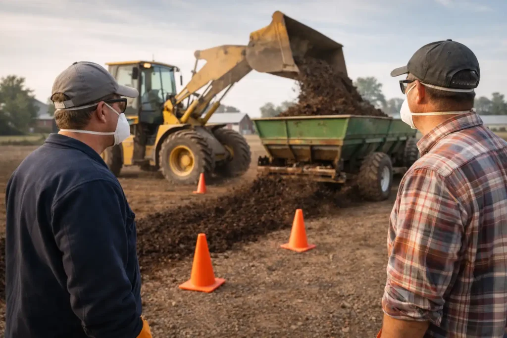 workers using safety gear near compost spreader