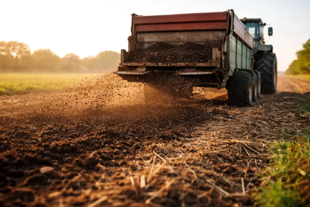 compost spreader applying dark finished compost over residue