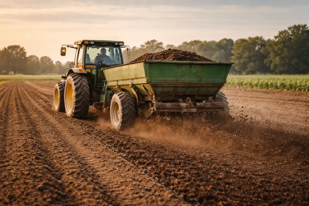 tractor spreading compost evenly across field