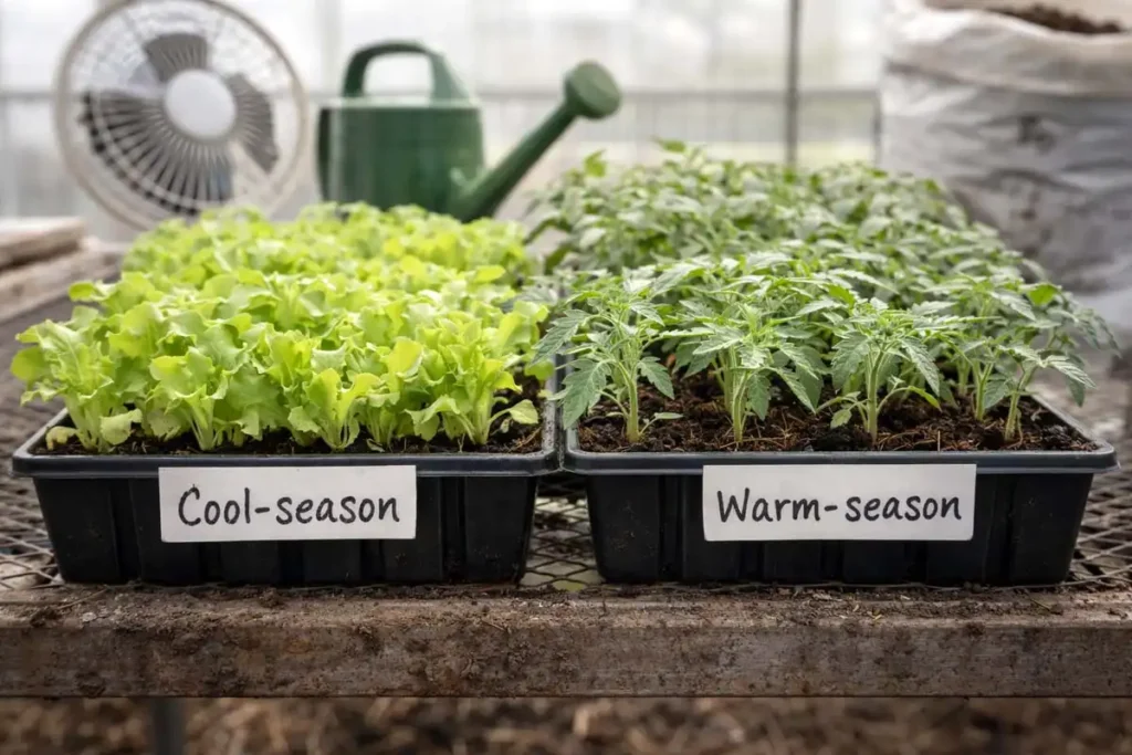 seed trays labeled for cool season and warm season crops