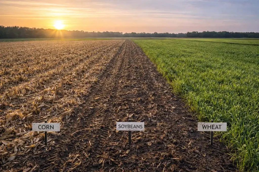 split view of corn residue soybean stubble and wheat cover across seasons