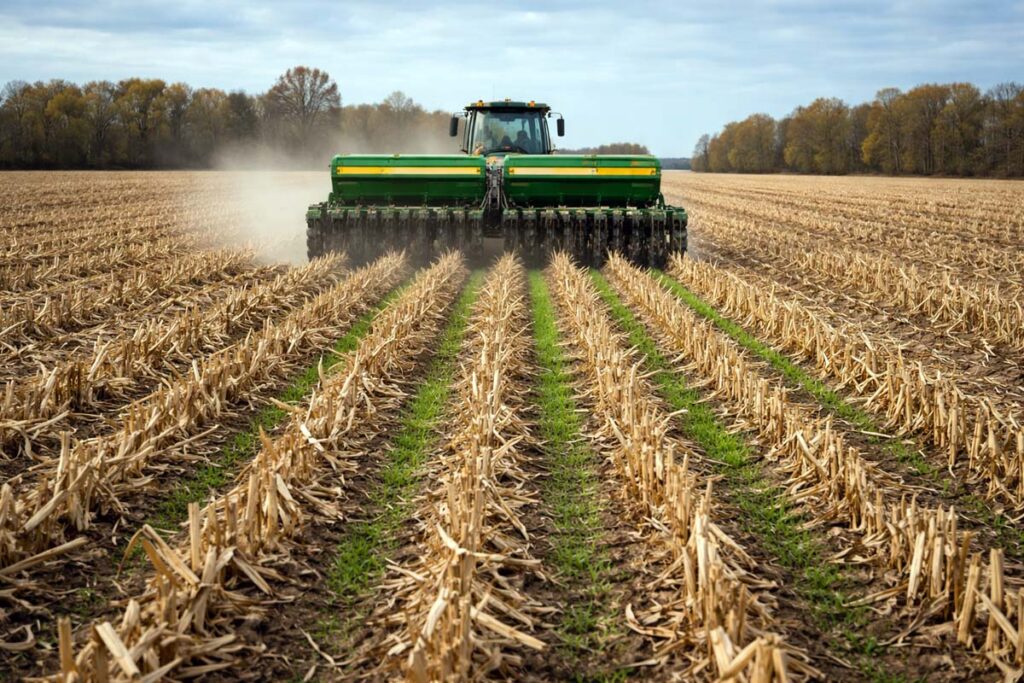 drill seeding cereal rye into corn stubble in fall