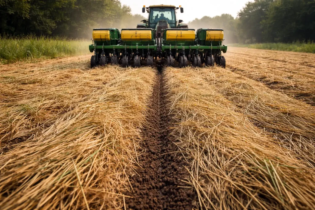 planter moving through a rolled cover crop mulch mat