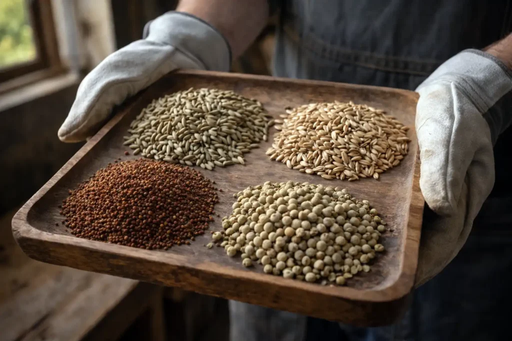 rye oats clover and radish seeds in hand