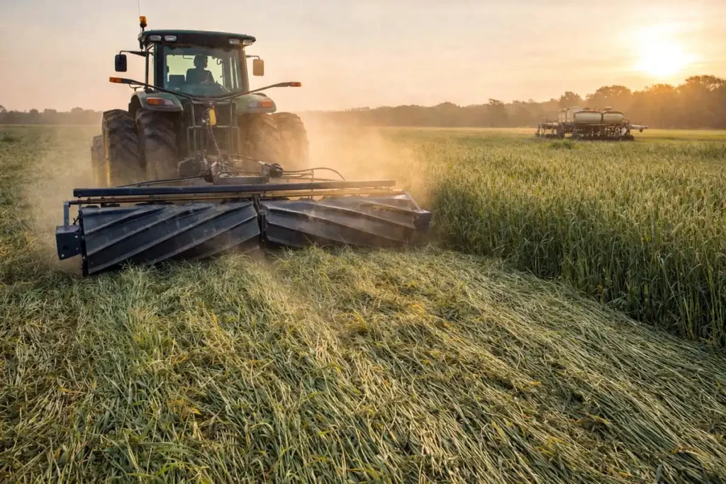 roller crimper flattening a cover crop ahead of planting