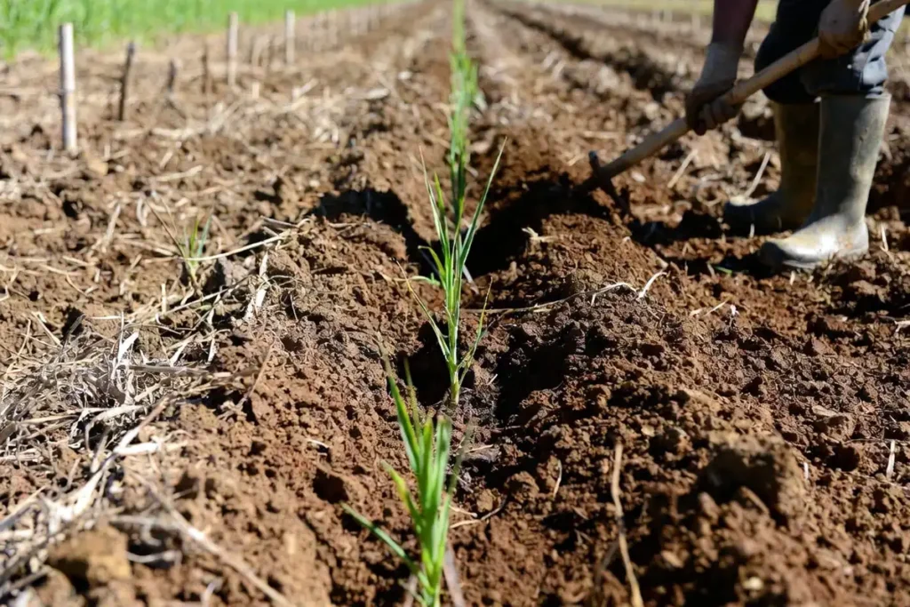 pulling soil over setts with a hoe