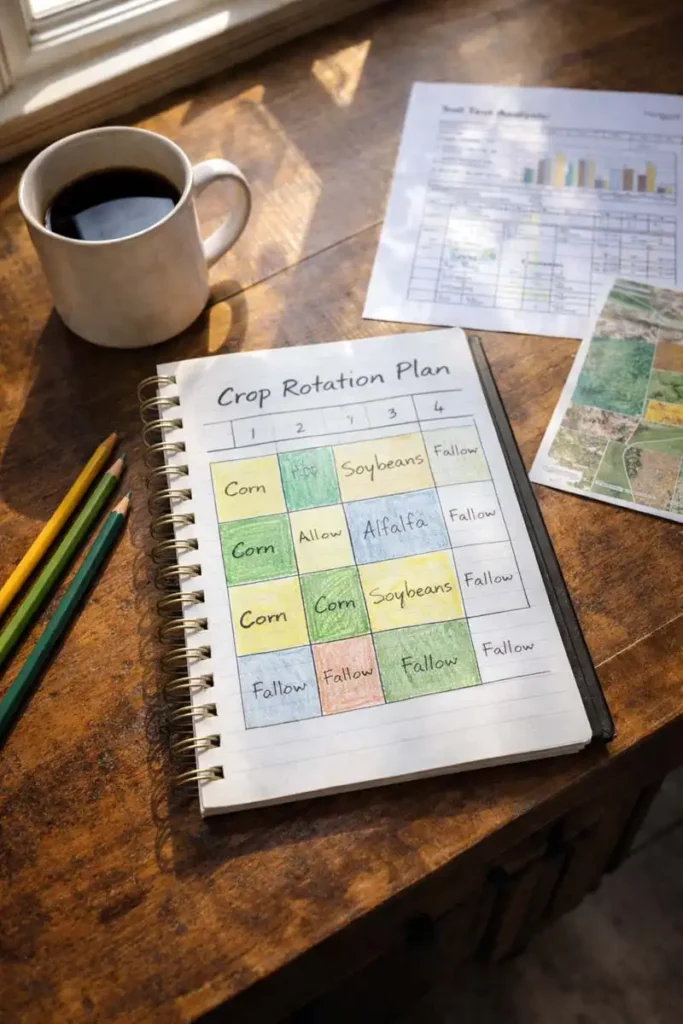 crop rotation plan written in a farm notebook