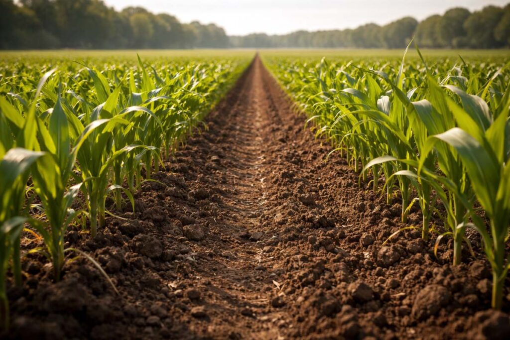 Rows of crops growing in a managed field