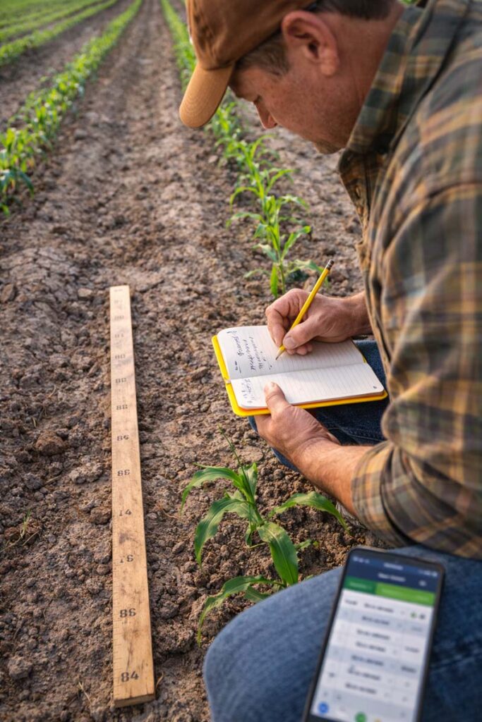 farmer counting plants and writing field notes