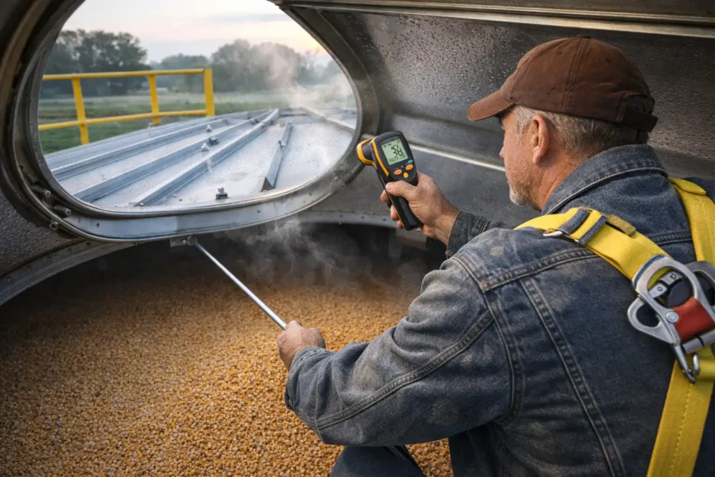 checking grain temperature to catch hot spots early