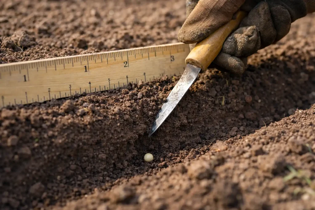 farmer showing correct seed depth in firm seedbed