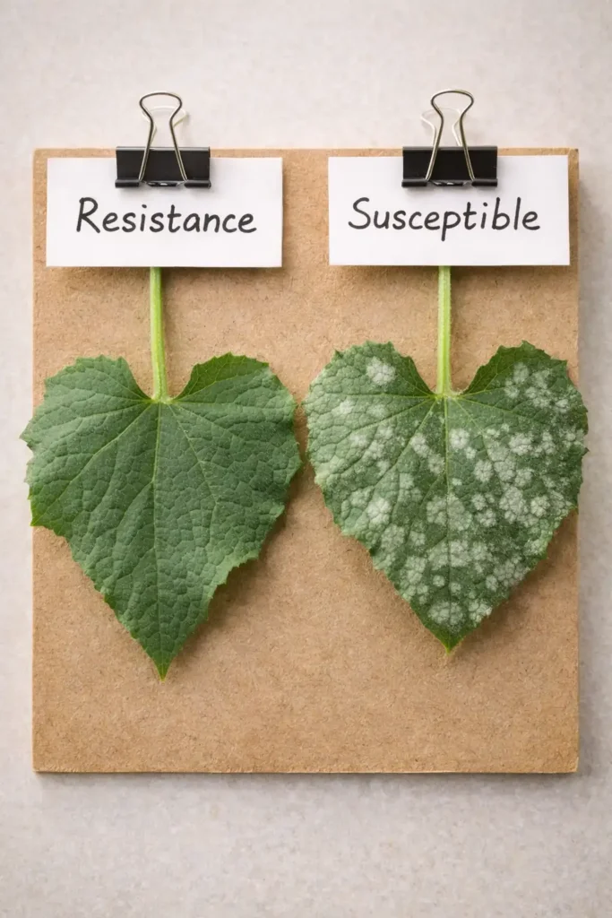 healthy and mildew spotted leaves labeled for comparison