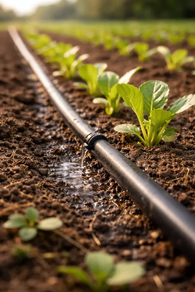 drip line watering young plants at root zone