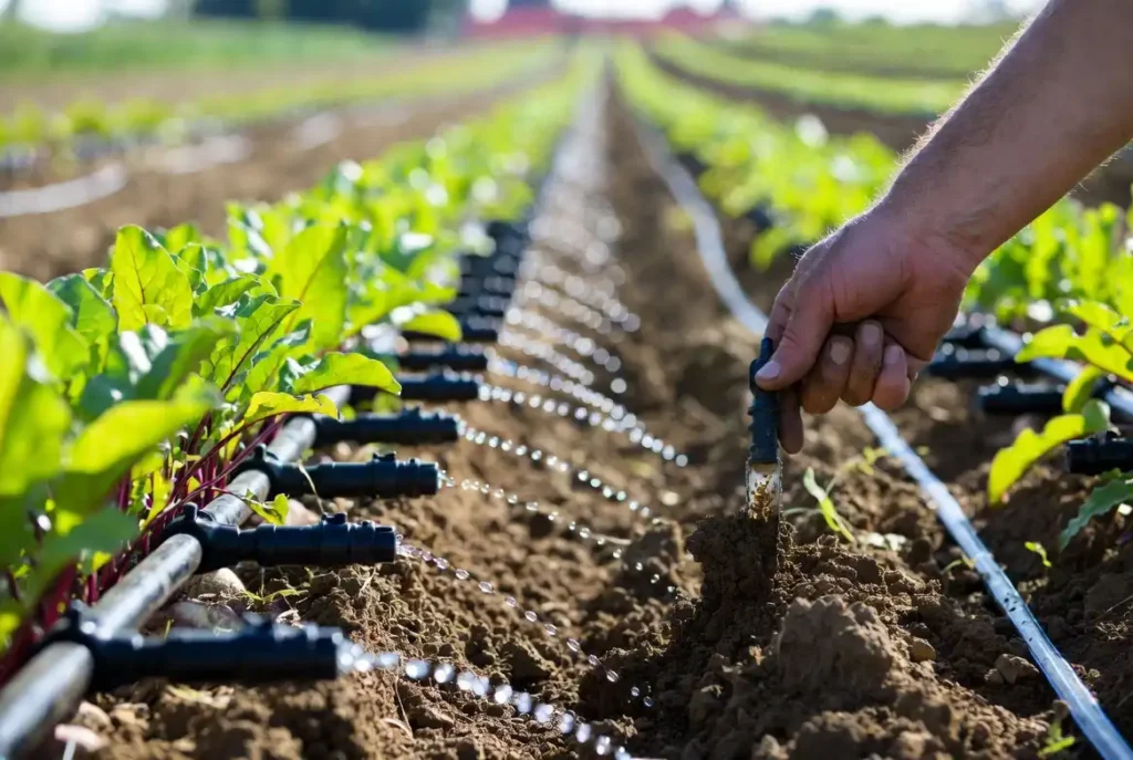 checking soil moisture beside drip line