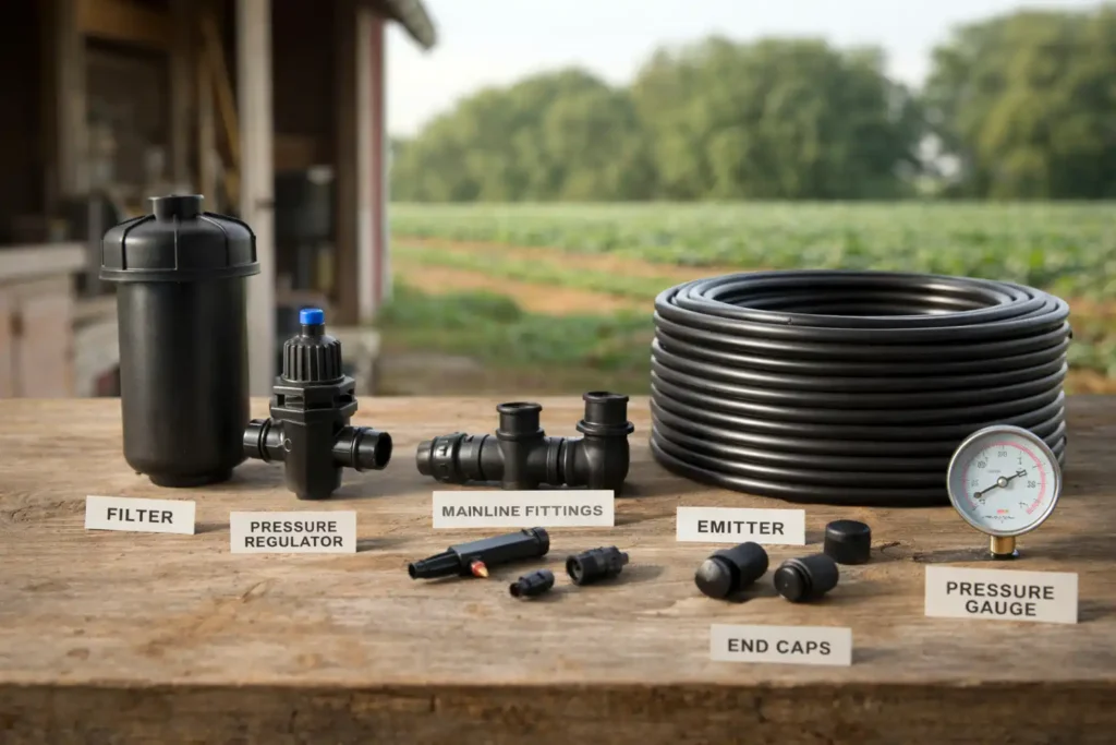 drip irrigation parts laid out with labels on a table