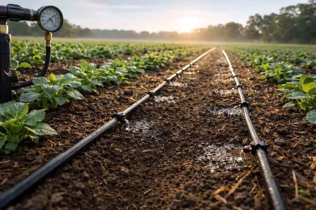 drip lines delivering water along mulched beds