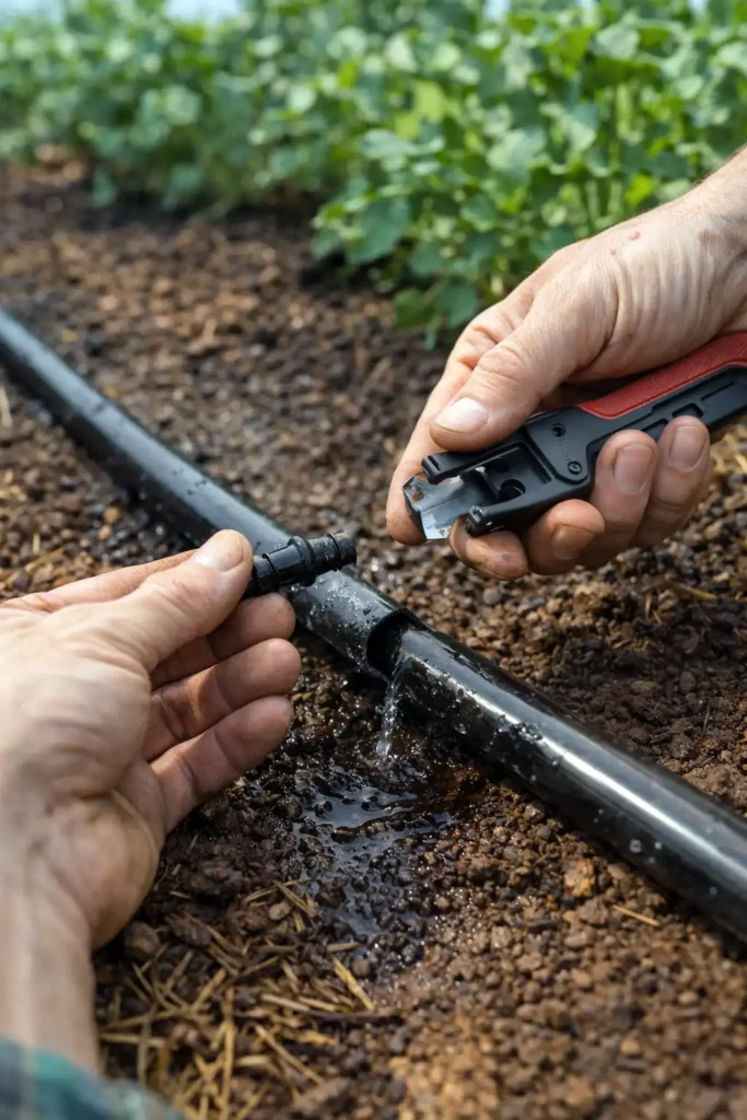 hands repairing dripline leak using a barbed coupling