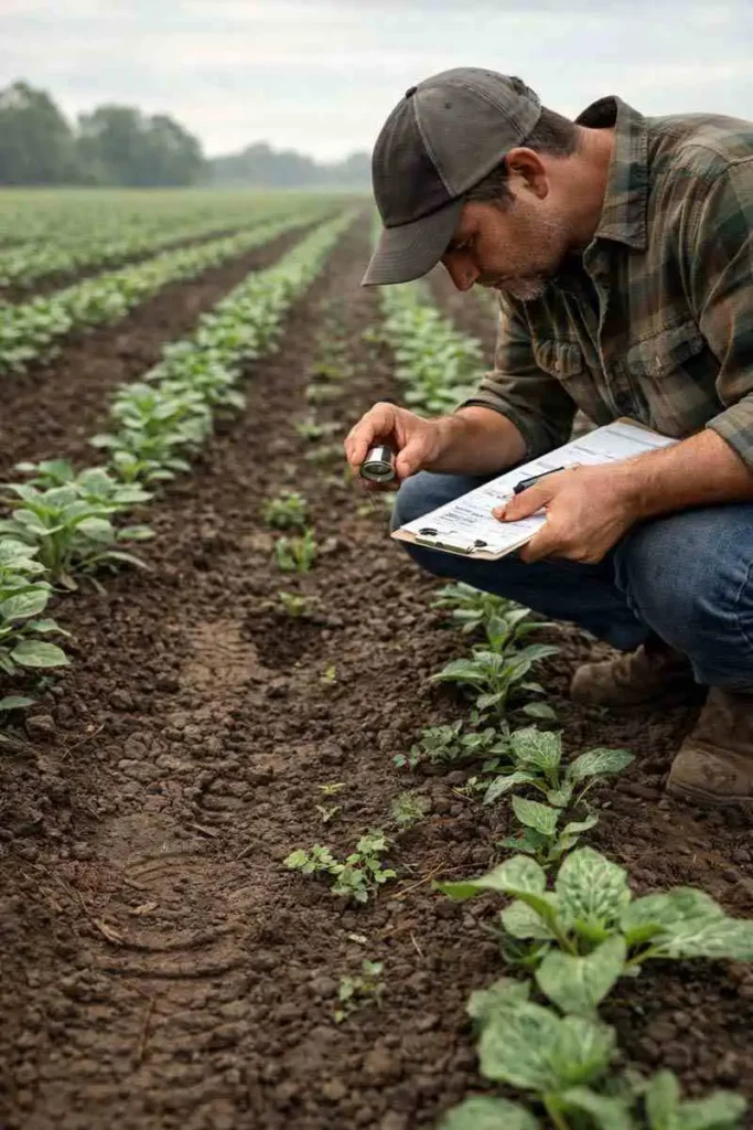 farmer inspecting small weeds between crop rows