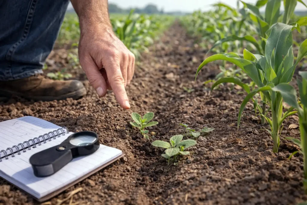 scouting small weeds in crop row