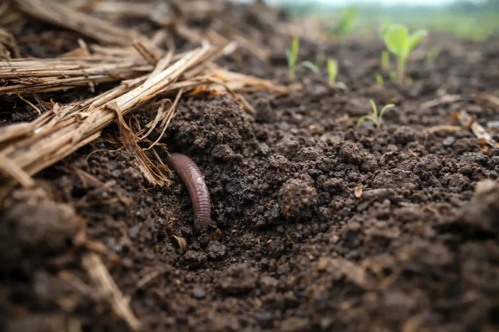 earthworm emerging under crop residue with healthy soil crumbs