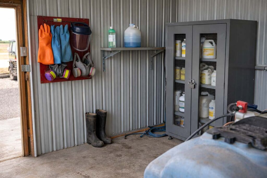 organized PPE and eyewash in a mixing area