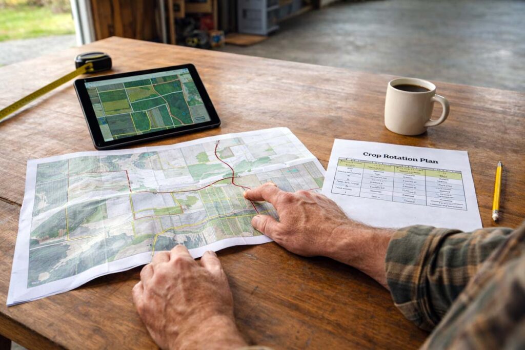 field map and rotation plan on a shop table