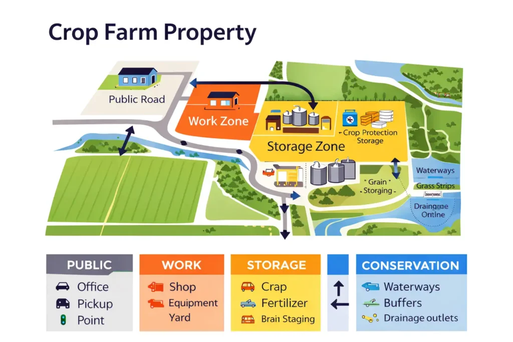 farm zones diagram showing yard fields and conservation areas